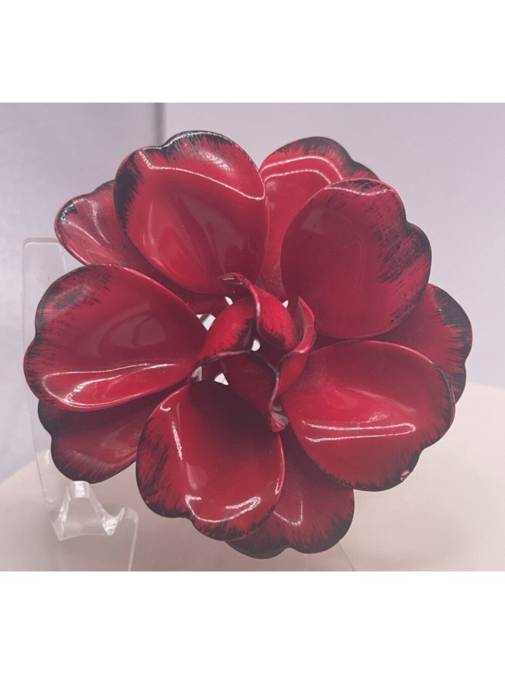 Vintage 60s Flower Power Red Enamel Brooch With Black Trim Pop Art Style Retro